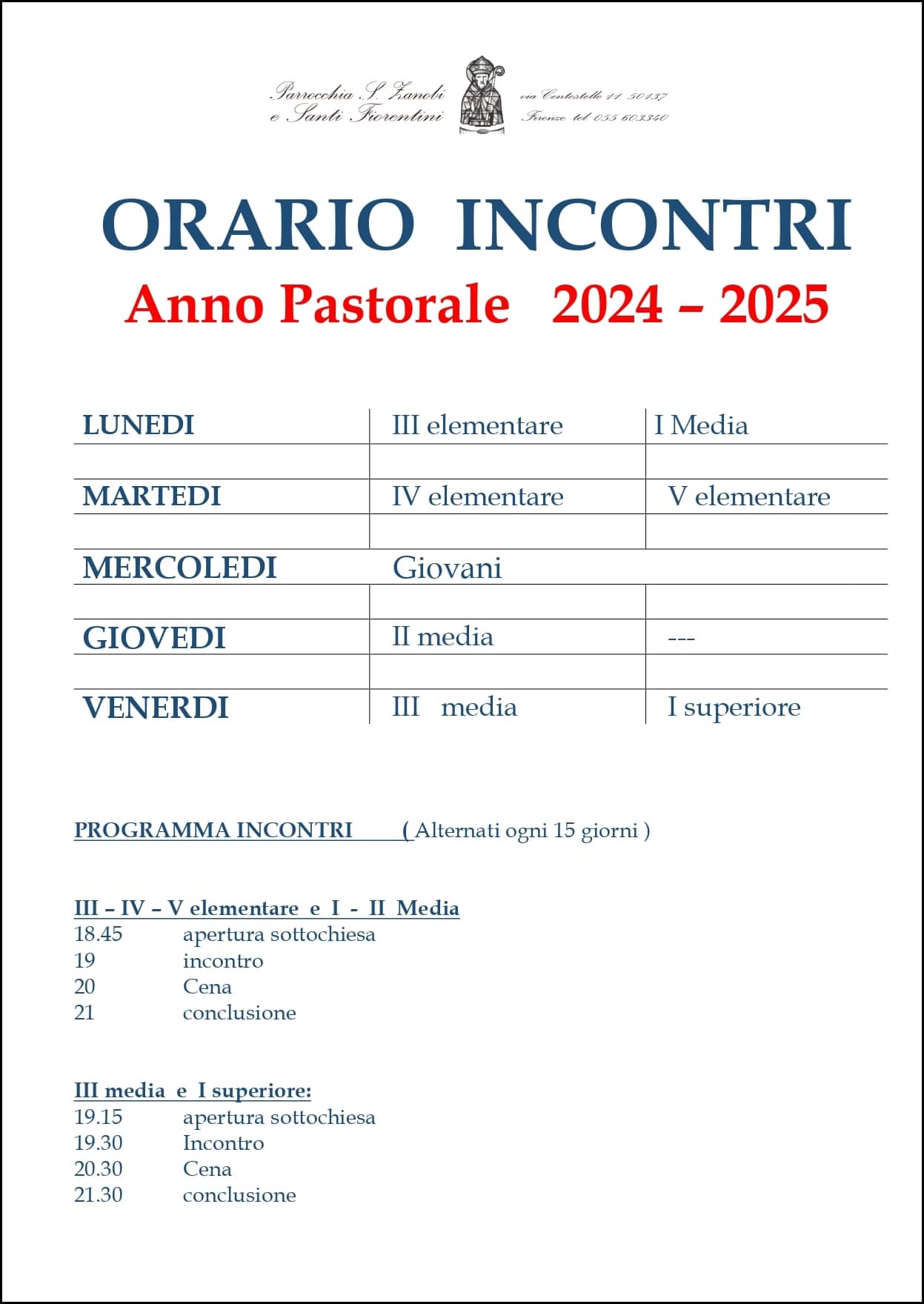 ORARIO INCONTRI Anno Pastorale 2024 – 2025