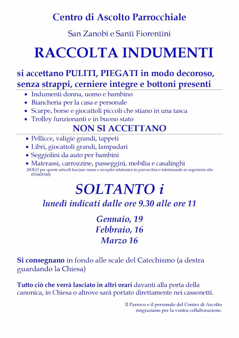 Date raccolta indumenti fino marzo 26